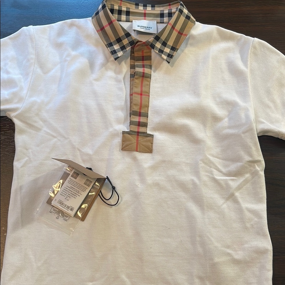 Burberry White and Tan Polo Shirt Classic Style
